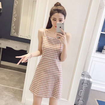 Rochie de dama moderna in carouri in doua culori cu bretele subtiri