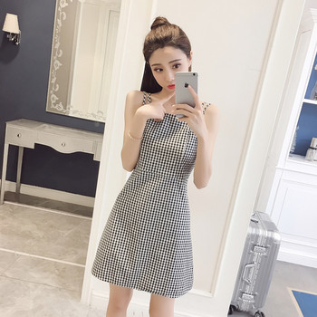 Rochie de dama moderna in carouri in doua culori cu bretele subtiri