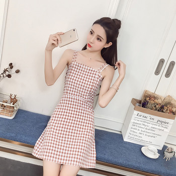 Rochie de dama moderna in carouri in doua culori cu bretele subtiri