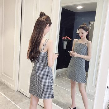 Rochie de dama moderna in carouri in doua culori cu bretele subtiri