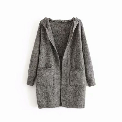 Cardigan lung de damă cu glugă și buzunare