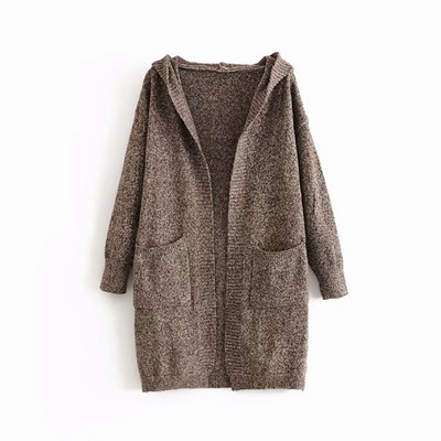 Cardigan lung de damă cu glugă și buzunare