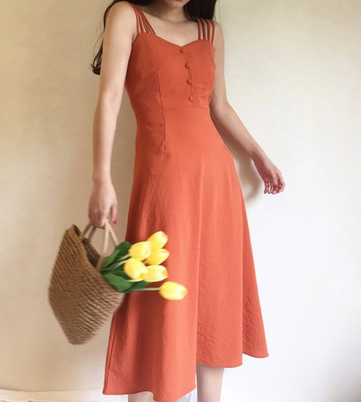 Női hosszú szabású ruha zöld és narancs színben