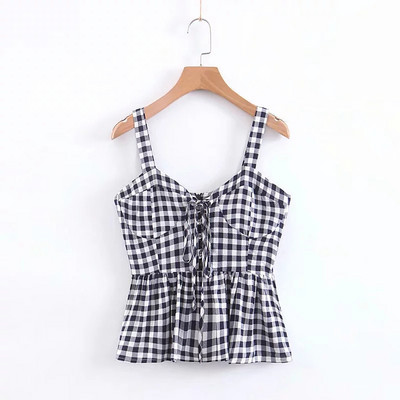 Női kockás felső, nyakkendővel és vékony pántokkal