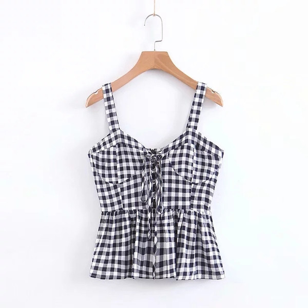 Női kockás felső, nyakkendővel és vékony pántokkal