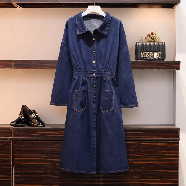 Rochie de dama de toamna din denim cu maneci lungi si marimi pana la 5XL in culoare inchisa