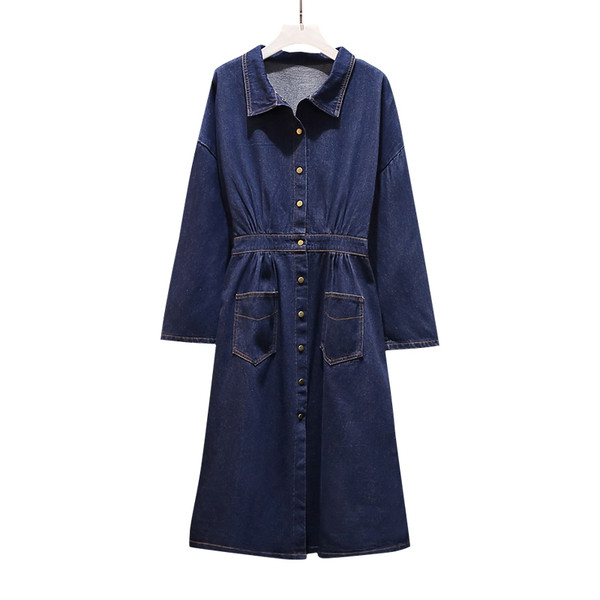 Rochie de dama de toamna din denim cu maneci lungi si marimi pana la 5XL in culoare inchisa