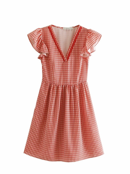 Rochie dama in carouri - model croiat in culoarea rosie