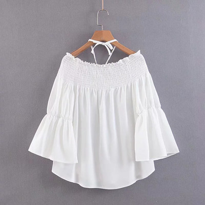 Bluză de damă cu umerii goi și mâneci largi în culoarea albă