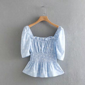 Bluză de damă cu mâneci scurte și talie elastică de culoare albastră