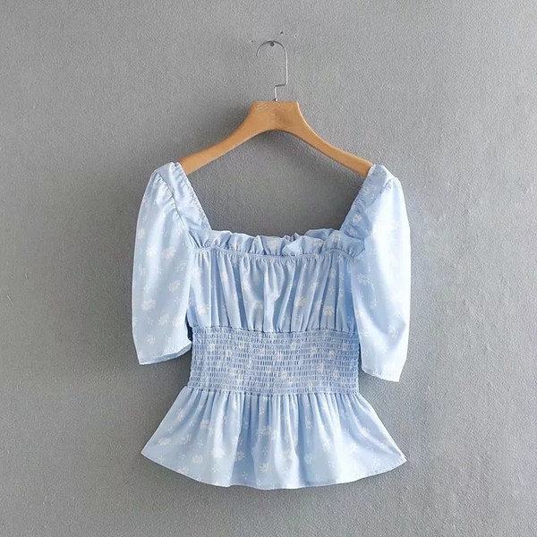 Bluză de damă cu mâneci scurte și talie elastică de culoare albastră