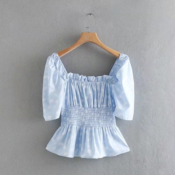 Bluză de damă cu mâneci scurte și talie elastică de culoare albastră