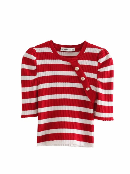 Bluză de damă în dungi cu mâneci scurte de culoare roșie