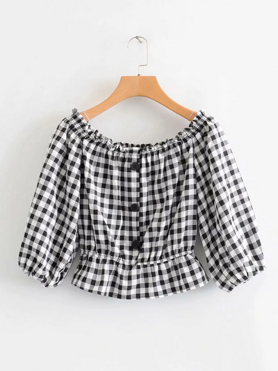 Cămașă de damă în carouri cu umerii goi în alb-negru