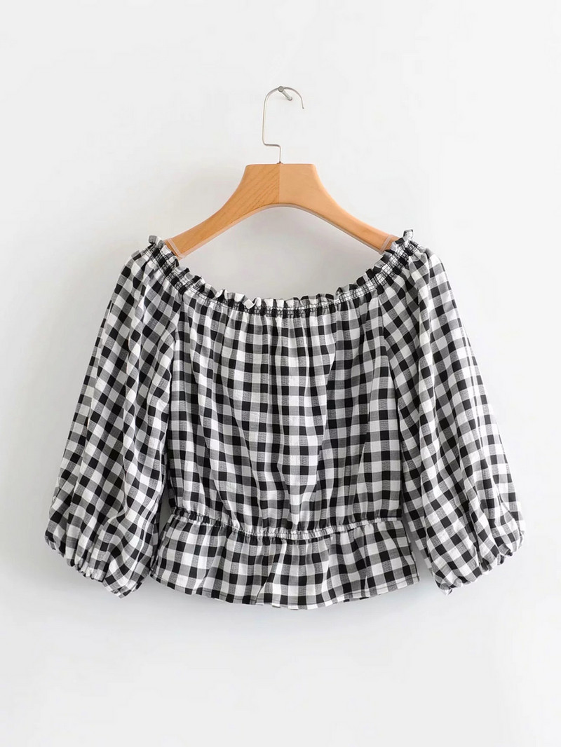 Cămașă de damă în carouri cu umerii goi în alb-negru