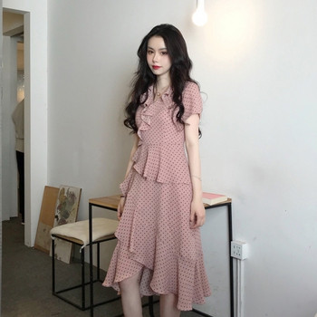 Rochie casual de dama lunga, cu buline, cu decolteu in V