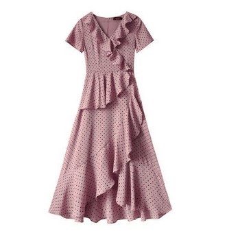 Rochie casual de dama lunga, cu buline, cu decolteu in V