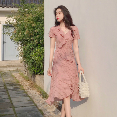 Rochie casual de dama lunga, cu buline, cu decolteu in V