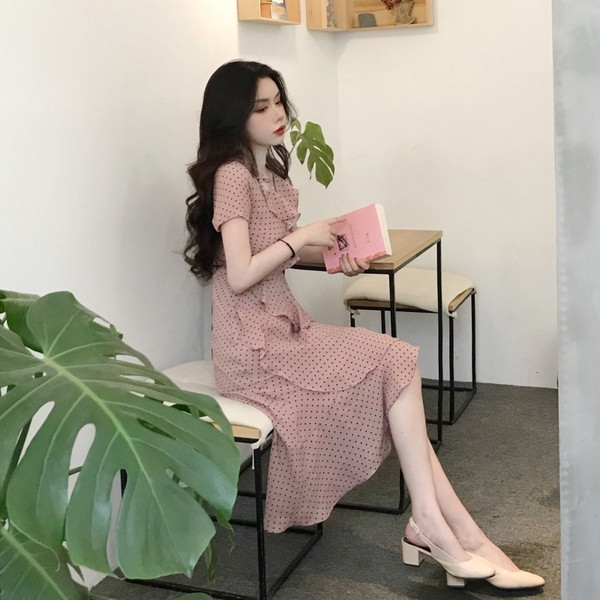 Rochie casual de dama lunga, cu buline, cu decolteu in V