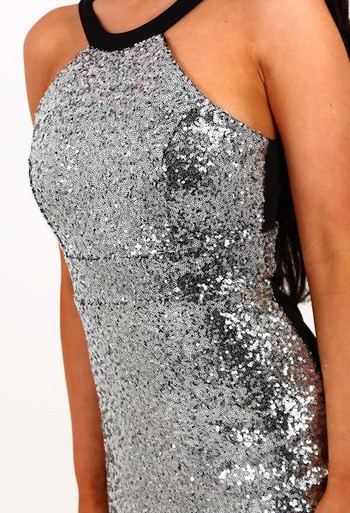 Rochie de dama eleganta cu umerii goi si paiete in doua culori