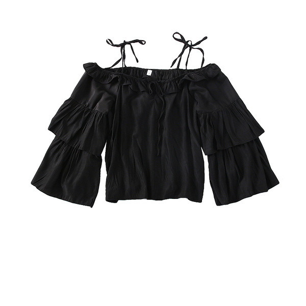 Cămașă modernă de damă cu umerii goi și mâneci largi - alb și negru