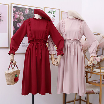 Rochie moderna de dama cu maneci lungi si curea in rosu, roz si negru