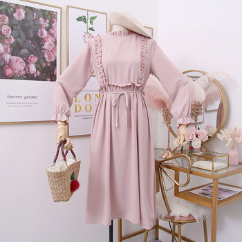 Rochie moderna de dama cu maneci lungi si curea in rosu, roz si negru