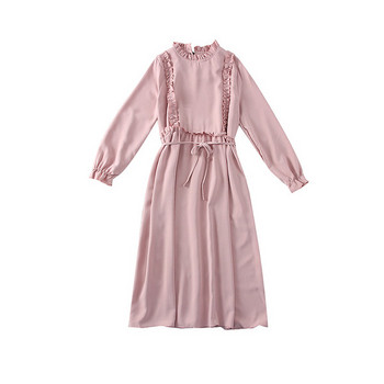 Rochie moderna de dama cu maneci lungi si curea in rosu, roz si negru