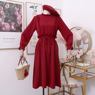 Rochie moderna de dama cu maneci lungi si curea in rosu, roz si negru