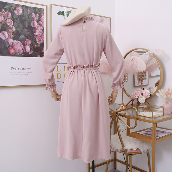 Rochie moderna de dama cu maneci lungi si curea in rosu, roz si negru