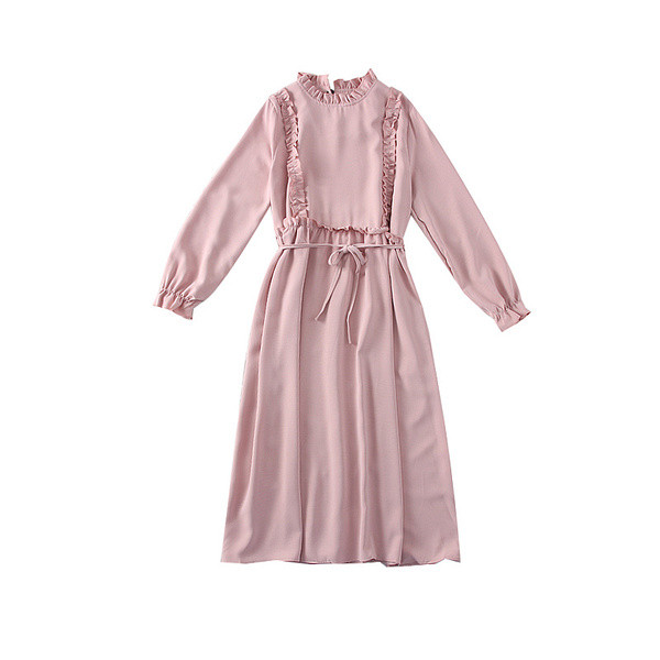 Rochie moderna de dama cu maneci lungi si curea in rosu, roz si negru