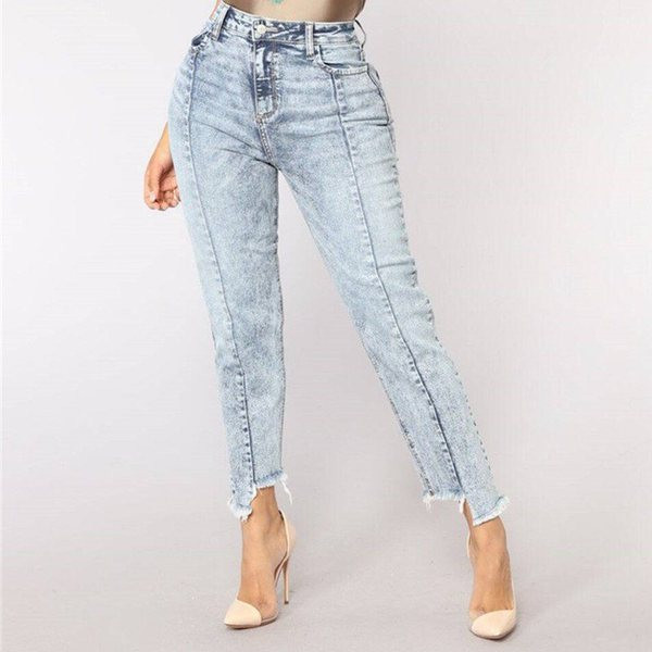 Lezser női hosszú farmer, szakadt motívumokkal, világos színben