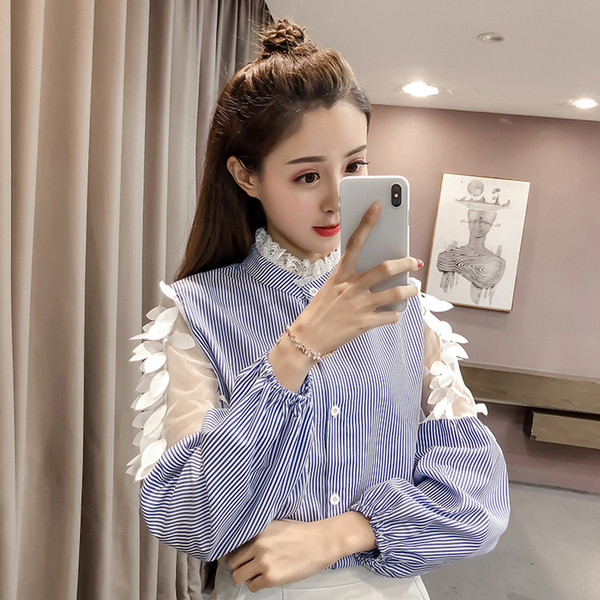 Modern női hosszú ujjú ing - fehér és kék színben