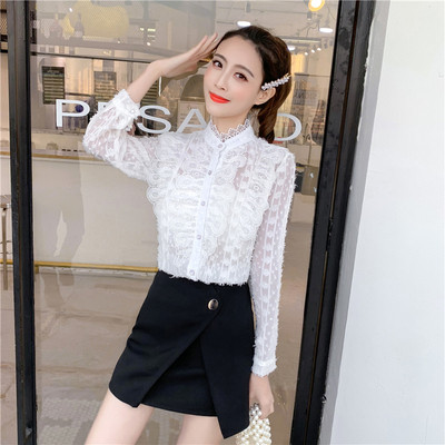 Stílusos női ing fehér és rózsaszín színben, csipkével