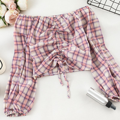 Bluză de damă în carouri actuală cu umerii goi - mai multe culori