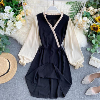 Stílusos női ruha V-nyakú és hosszú ujjú