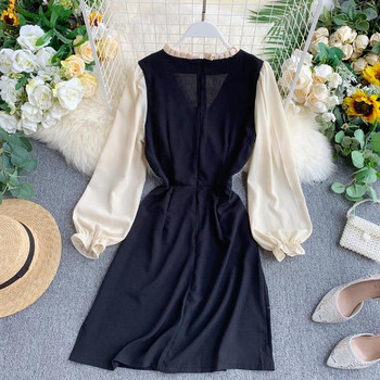 Stílusos női ruha V-nyakú és hosszú ujjú