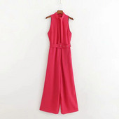 Salopetă elegantă de damă cu centură în talie de culoarea ciclamenului