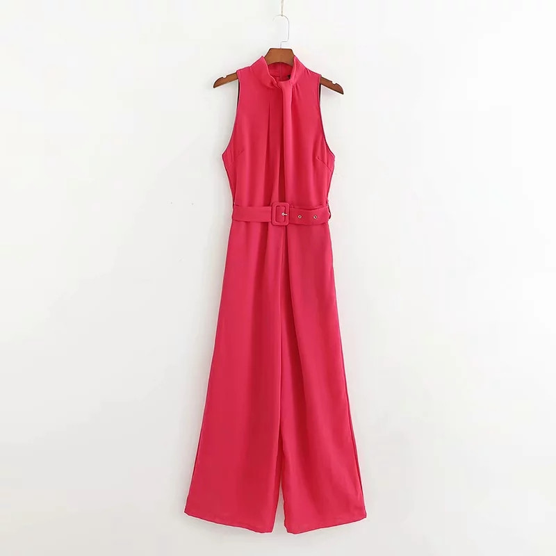 Salopetă elegantă de damă cu centură în talie de culoarea ciclamenului