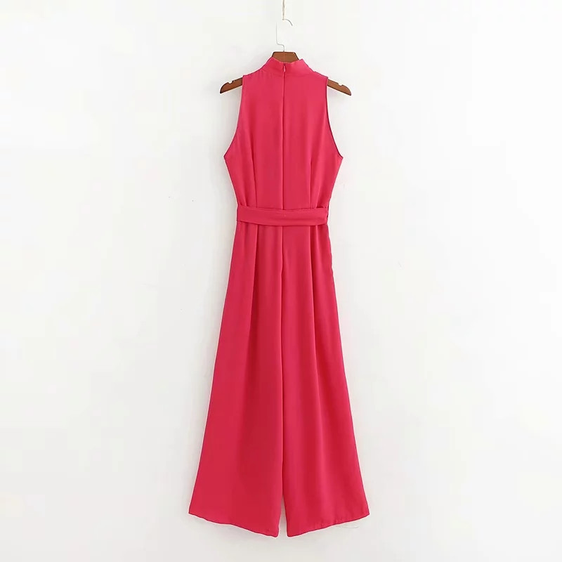 Salopetă elegantă de damă cu centură în talie de culoarea ciclamenului