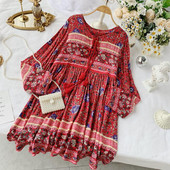 Rochie de dama actuala model lat cu cravate si model floral in rosu si roz