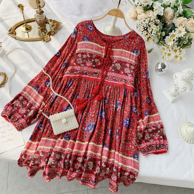 Rochie de dama actuala model lat cu cravate si model floral in rosu si roz