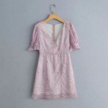 Női ruha rövid ujjal és V-nyakú lila színben