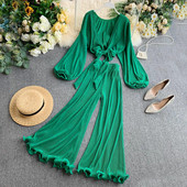 Set actual pentru femei din două părți - o bluză scurtă și pantaloni largi în diferite culori