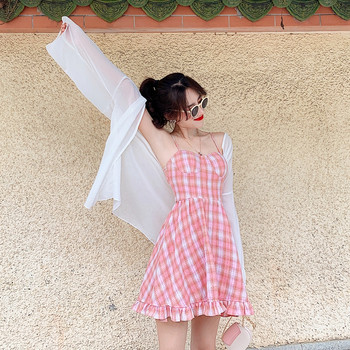 Rochie de dama moderna in carouri de culoare roz - model croiat