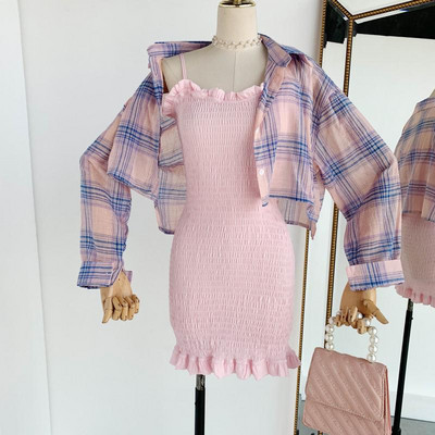 Modern női szett, rugalmas ruhával és kockás inggel több színben