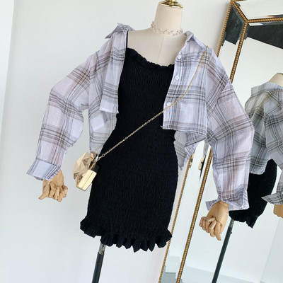 Modern női szett, rugalmas ruhával és kockás inggel több színben