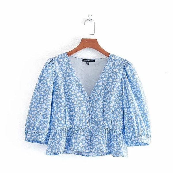 Bluză de damă cu model floral în albastru