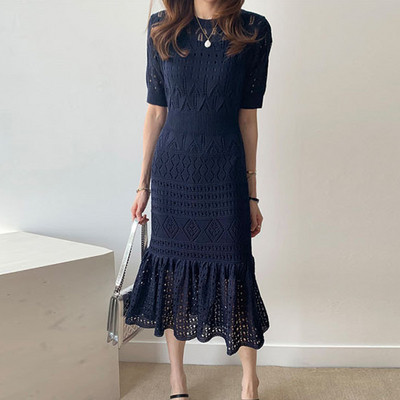 Női lezser hosszú kék ruha rövid ujjal