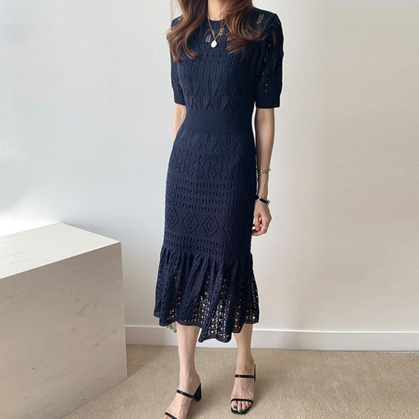 Női lezser hosszú kék ruha rövid ujjal